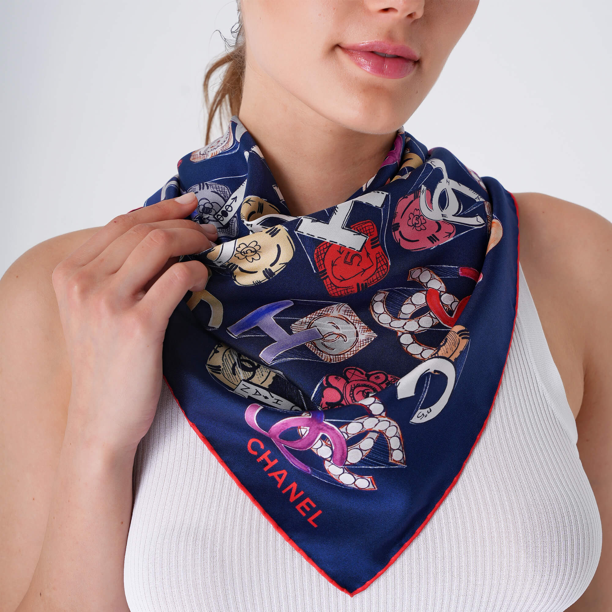 Chanel - Navy Blue Camellia & CC Silk Scarf 90*90